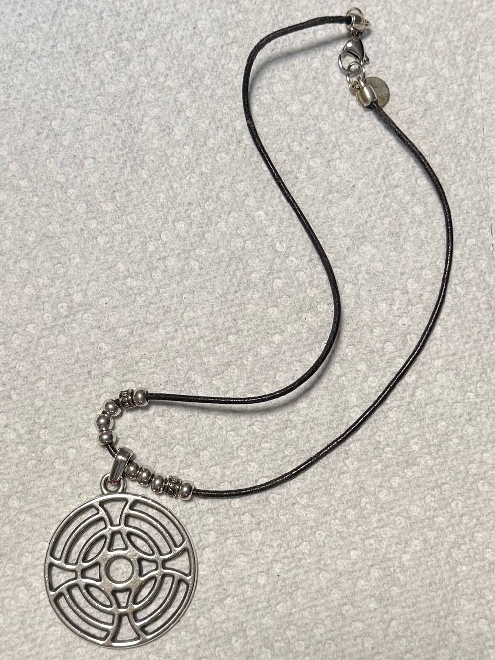Women's Black Leather Cord Necklace with Silver Circle Pendant